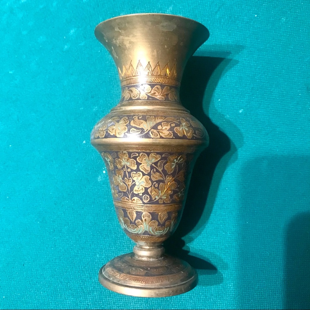 Solid Brass Vase with intricate etched and enameled design, made in India